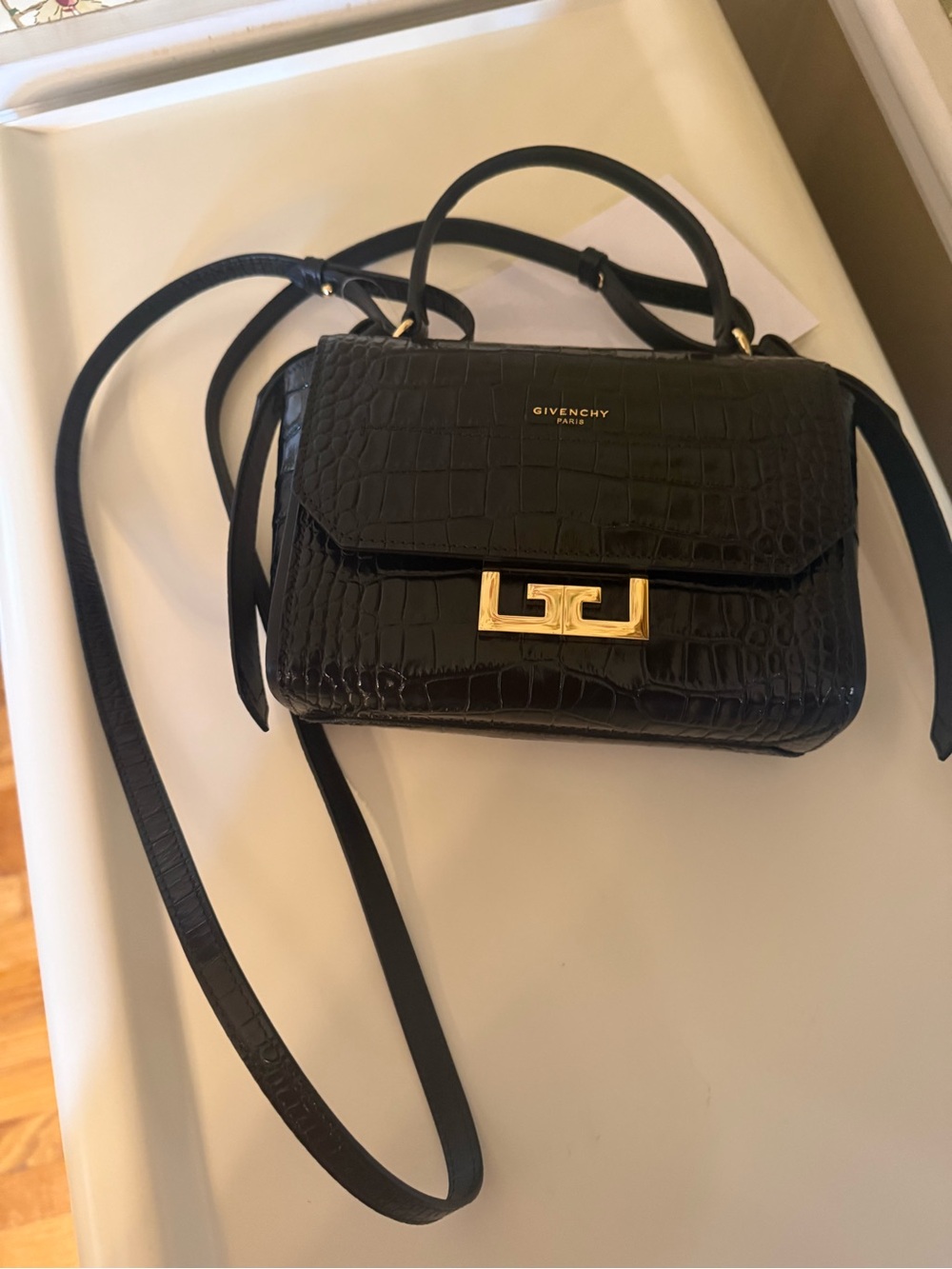 Givenchy Eden Mini Crossbody – Black Croc-Embossed Leather & Gold Hardware